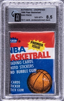 1986/87 Fleer Basketball Unopened Wax Pack – GAI NM-MT+ 8.5 – Michael Jordan Sticker Rookie Card on Back!